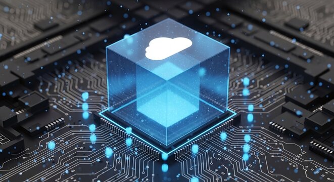 Cloud computing concept with a glowing cube and cloud icon on a circuit board, representing data storage, network, and digital technology solutions