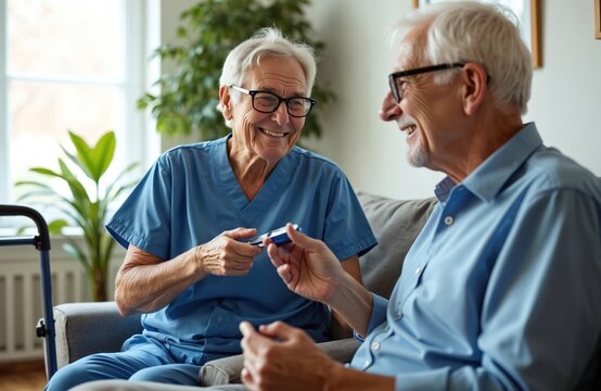 Happy senior man and nurse discuss blood sugar level. Elderly patient gets glucose check up at home. Home healthcare professional measures patient diabetes. Old man smiles. - Powered by Adobe