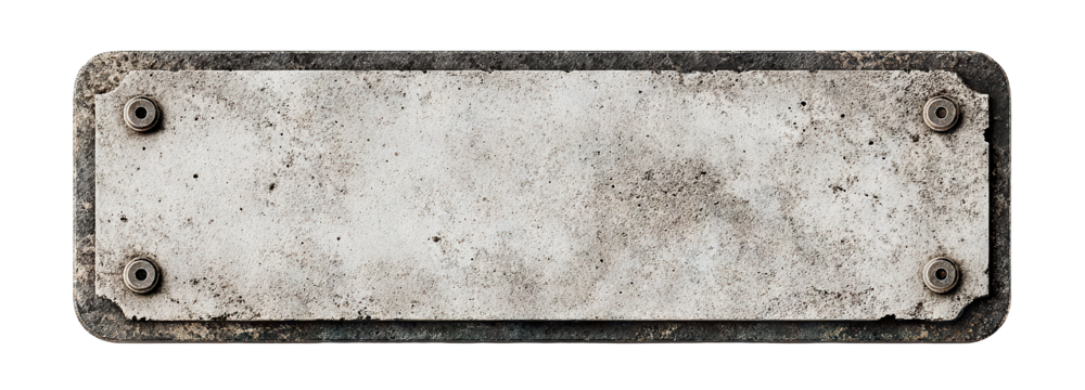 Old concrete nameplate with metal bolts, isolated on transparent cutout background