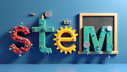 STEM letters constructed from science and tech components. Red S, green circuit board T and M, yellow gear E. Educational concept design with academic elements.