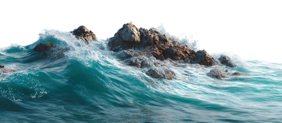 Blue ocean waves crashing on rocks, isolated on transparent cutout background