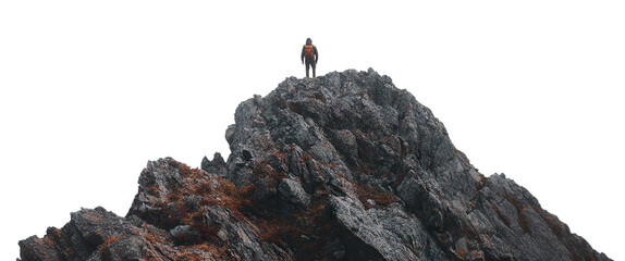 Traveler standing on picturesque rocky mountain peak, isolated on transparent cutout background