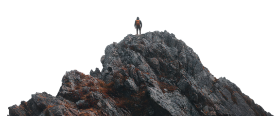 Traveler standing on picturesque rocky mountain peak, isolated on transparent cutout background
