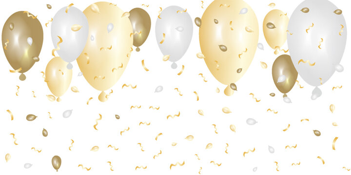 Gold and silver balloons with confetti on white background. Vector illustration.