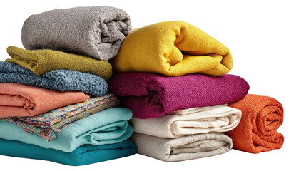 Obraz premium Assorted second-hand blankets and sheets, background isolated on a Transparent background, PNG file.