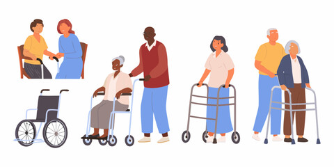 Elderly people with mobility aids and caregivers vector illustration