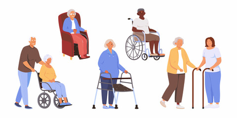 Diverse group of elderly people with mobility aids and caregivers