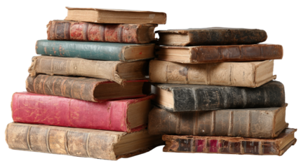 Assorted used books with signs of wear stacked together isolated on a Transparent background, PNG file.