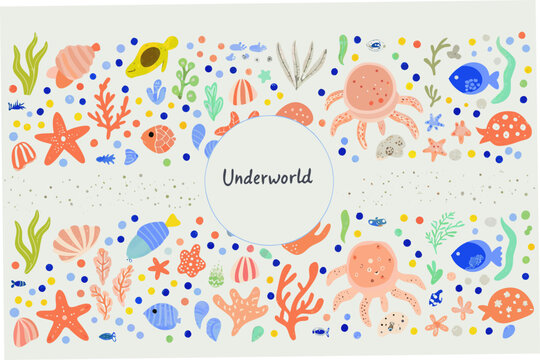 Colorful underworld illustration with marine life and a central text area