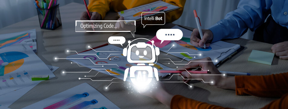A modern workplace showcases colleagues collaborating on a project. They utilize technology and a chatbot for optimizing code and enhancing productivity. Trope - Powered by Adobe