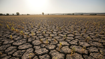 Dry farmland with cracked soil struggling crops under a harsh sun 24473445 1
