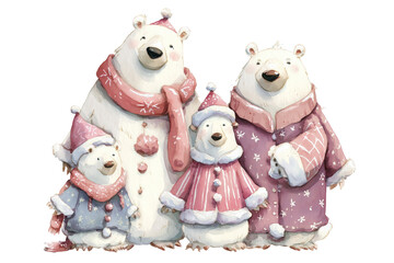 Obraz premium cute snowman family in christmas attire, in the style of clip art, watercolor, pastel colors, cute and whimsical. Design element for christmas card, website, poster, banner. Isolated on transparent ba