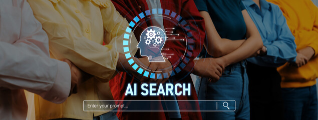 A diverse group of individuals stands confidently in a modern setting, engaging with technology and emphasizing collaboration through AI search concepts. Trope