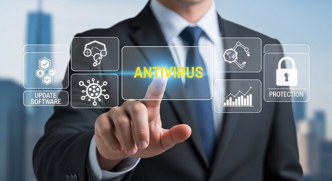 Businessman activating antivirus software on a virtual interface to protect data and update software against virus, malware, and cyber attacks in the digital age - Powered by Adobe