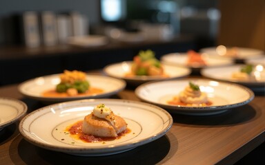 Finished Plates on Counter in Korean Restaurant. High quality