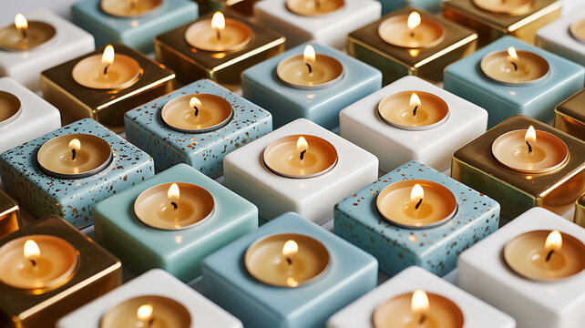 Array of Lit Tea Lights in Square Holders on a White Surface candles burning