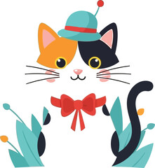 Cute calico cat in hat and bow tie