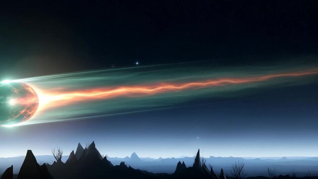 Alien planet comet impact celestial explosion cosmic event fiery atmosphere atmospheric entry 4K Ai HD high quality video.
