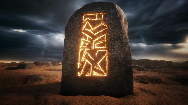 Ancient Glowing Rune Stone in a Desolate Stormy Landscape.