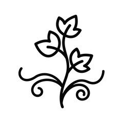 Minimalist black outline drawing of an ornamental plant with three leaves and decorative swirls