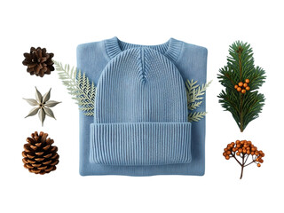 Flat lay of blue knitted winter hat and sweater with pine cone, fir branch, and berry decoration isolated on transparent background