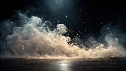 A dramatic swirl of smoke with sparkling particles, creating an ethereal and dynamic atmosphere in a dark background.