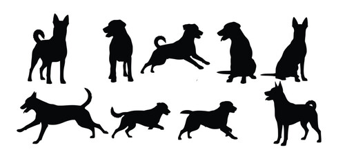  ten dog silhouettes in various poses isolated on white