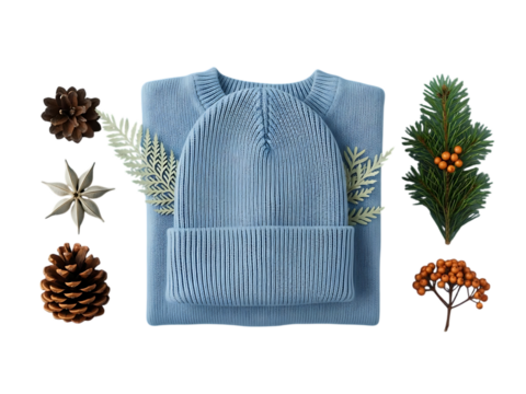 Flat lay of blue knitted winter hat and sweater with pine cone, fir branch, and berry decoration isolated on transparent background - Powered by Adobe