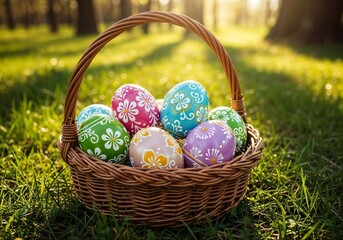 Colorful Easter eggs in a woven basket resting on green grass in a sunny forest