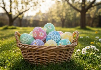 Colorful Easter eggs in a woven basket under the sun in a grassy park during springtime