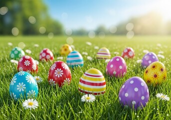 Colorful Easter eggs scattered in a sunny field with bright flowers and green grass