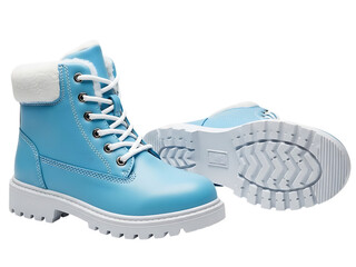 Pair of bright light blue winter snow boots with white fur trim and thick white sole, isolated on transparent background