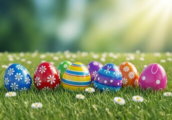 Colorful Easter eggs on green grass during bright spring day
