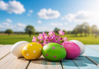 Colorful Easter eggs with flowers in a sunny outdoor setting near a green field