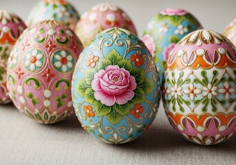 Colorful hand-painted decorative eggs displayed in a row for spring celebrations and festive decorations