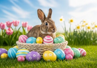 Cute bunny surrounded by colorful Easter eggs in a sunny garden with blooming flowers during springtime