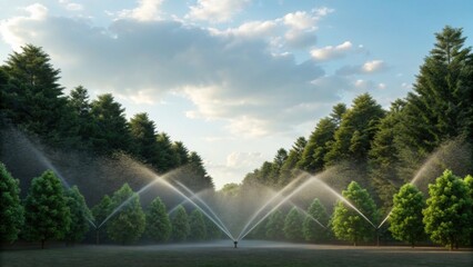 A serene landscape featuring lush trees and sprinklers watering the greenery under a clear blue sky.