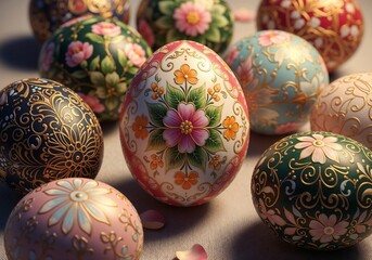 Easter eggs decorated with flowers and intricate patterns displayed on a table