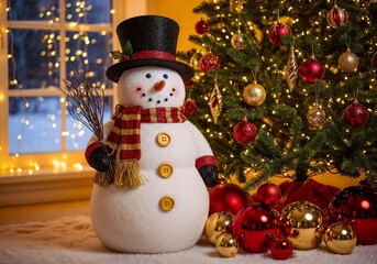 Snowman stands beside a festive Christmas tree adorned with colorful ornaments and lights in a cozy holiday setting