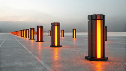 A series of illuminated pillars stand in a row, casting a warm glow against a serene background, creating a modern and futuristic atmosphere.