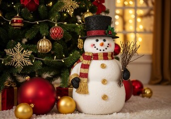 Snowman with a top hat and scarf stands by a Christmas tree with ornaments and holiday lights