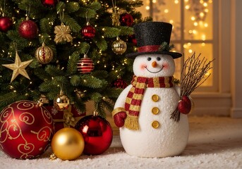 Festive snowman stands by a decorated Christmas tree with colorful ornaments and warm lights in a cozy indoor setting
