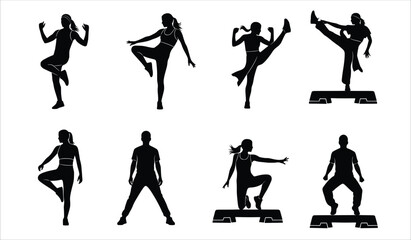  silhouettes of people performing various fitness exercises