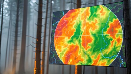 A vibrant digital map displaying terrain elevation and features, set against a misty forest backdrop, highlighting environmental monitoring.