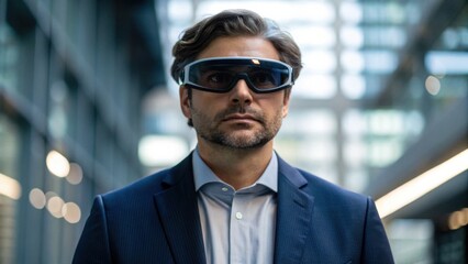 A professional man wearing smart glasses in a modern, bright environment, showcasing advanced technology and innovation in business.