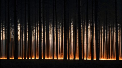A dark forest scene with trees illuminated by flames at the base, creating a striking contrast against a twilight sky.