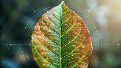 A close-up of a vibrant green leaf with intricate veins and a digital overlay, showcasing its natural beauty and complexity in detail.