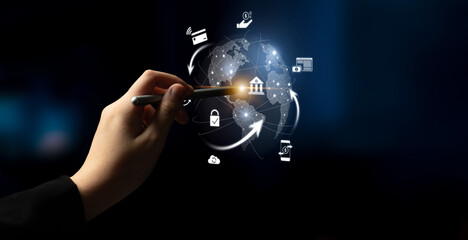 Worldwide digital payment network showing secure financial transactions. Digital payment supports transfer, digital payment ensures security, boosts convenience, drives global finance. Latch