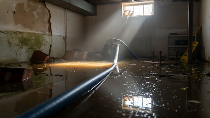 Flooded basement with water hose reflecting light symbolizes urgent flood restoration 95597267 1