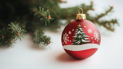 Red Christmas Tree Ornament with Gold Tree, White Snowflakes and Green Branches on Clean White Background, Elegant Holiday Design